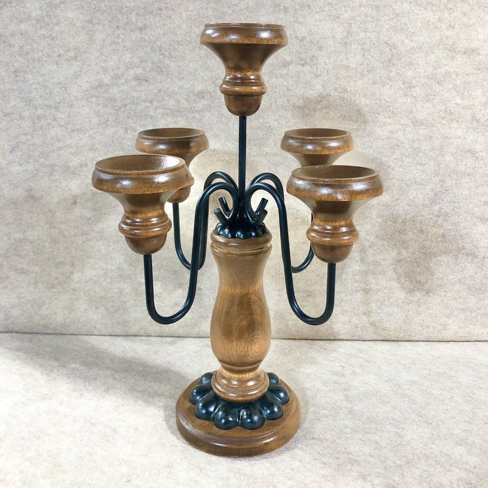 Vtg Homco Home Interior Wood & Cast Iron Candelabra Votive Holder 15X10 “read”